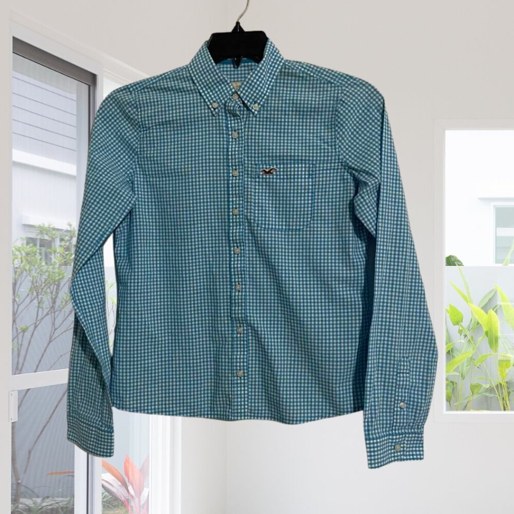 2 for $15 Hollister Aqua Blue & White Check Button Down Shirt – Size Medium - Picture 3 of 10